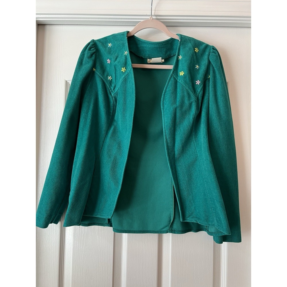 Vintage 70's Suit Small Green Blazer Bell Bottom Pants Arnel Embroidered Floral